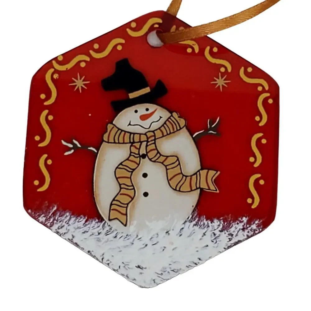 2 Vtg Red Glass Suncatcher Hand Painted Christmas Hexagon Ornament Holiday Decor